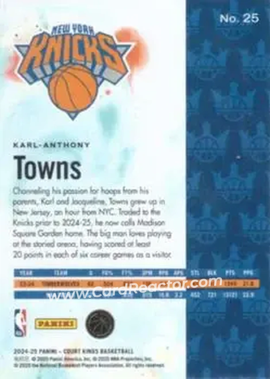 2024-25 Panini Court Kings #25 - Karl-Anthony Towns - New York Knicks - Back 2024-25 Panini Court Kings #25 - Karl-Anthony Towns - New York Knicks - Back