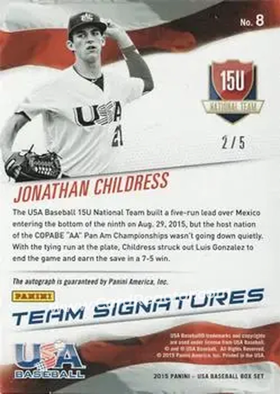 2015 Panini USA Baseball - 15U National Team Signatures Green Ink #8 - Jonathan Childress - USA - Back