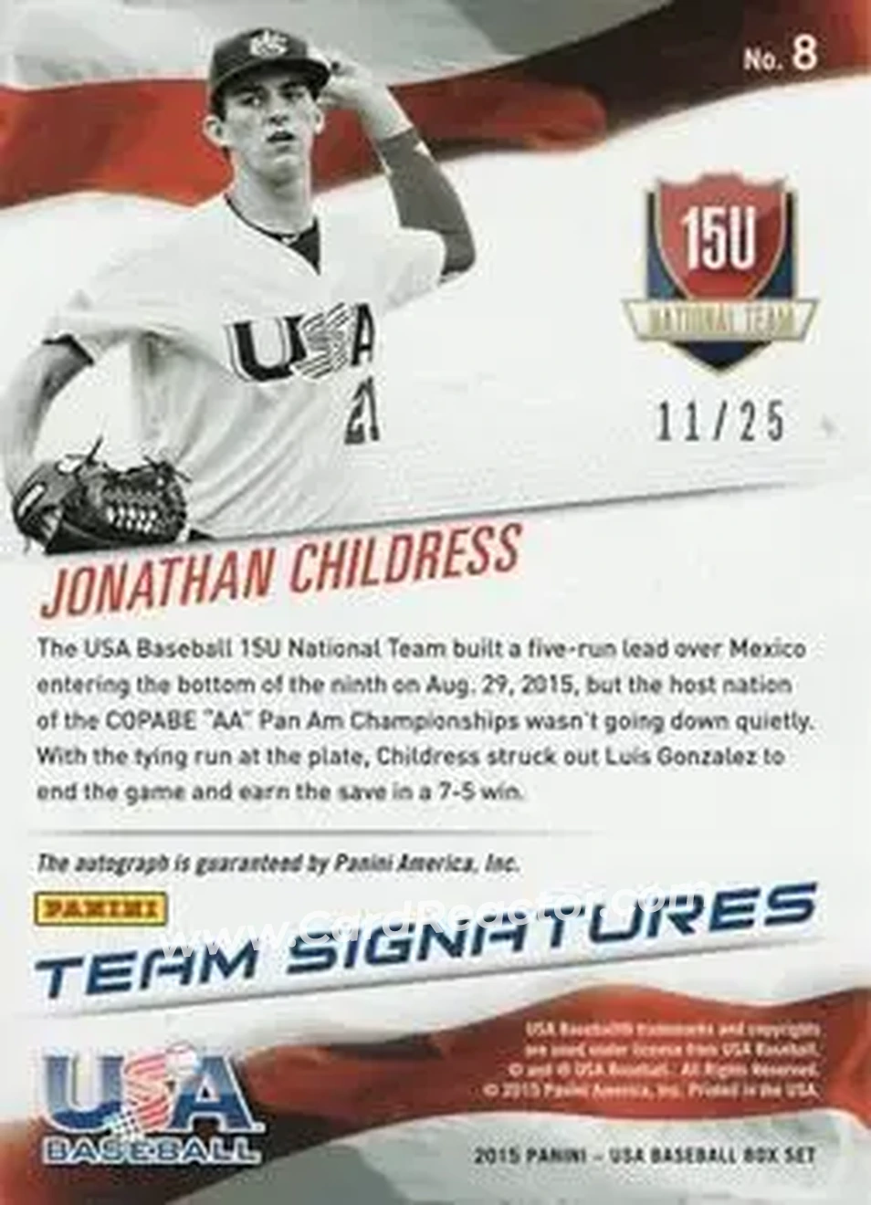 2015 Panini USA Baseball - 15U National Team Signatures Red Ink #8 - Jonathan Childress - USA - Back