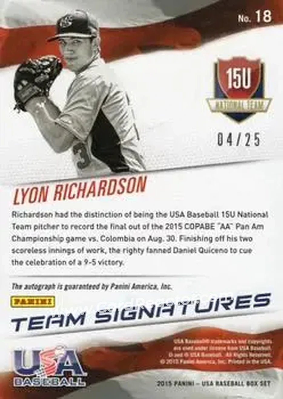 2015 Panini USA Baseball - 15U National Team Signatures Red Ink #18 - Lyon Richardson - USA - Back