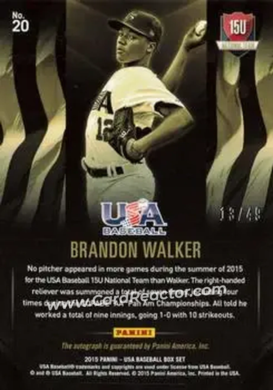 2015 Panini USA Baseball - 15U National Teams Black Gold Signatures #20 - Brandon Walker - USA - Back