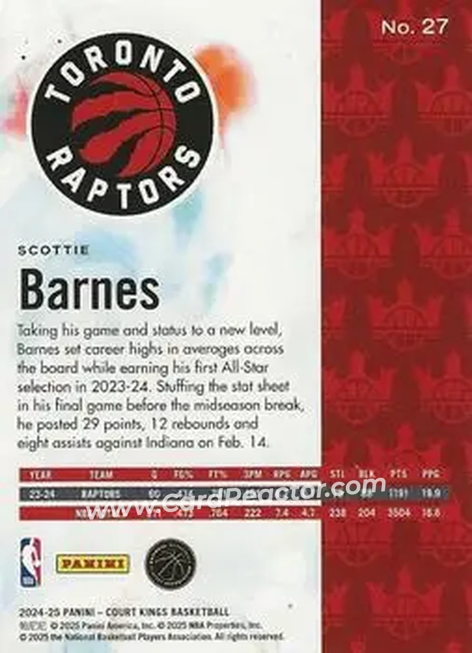 2024-25 Panini Court Kings #27 - Scottie Barnes - Toronto Raptors - Back