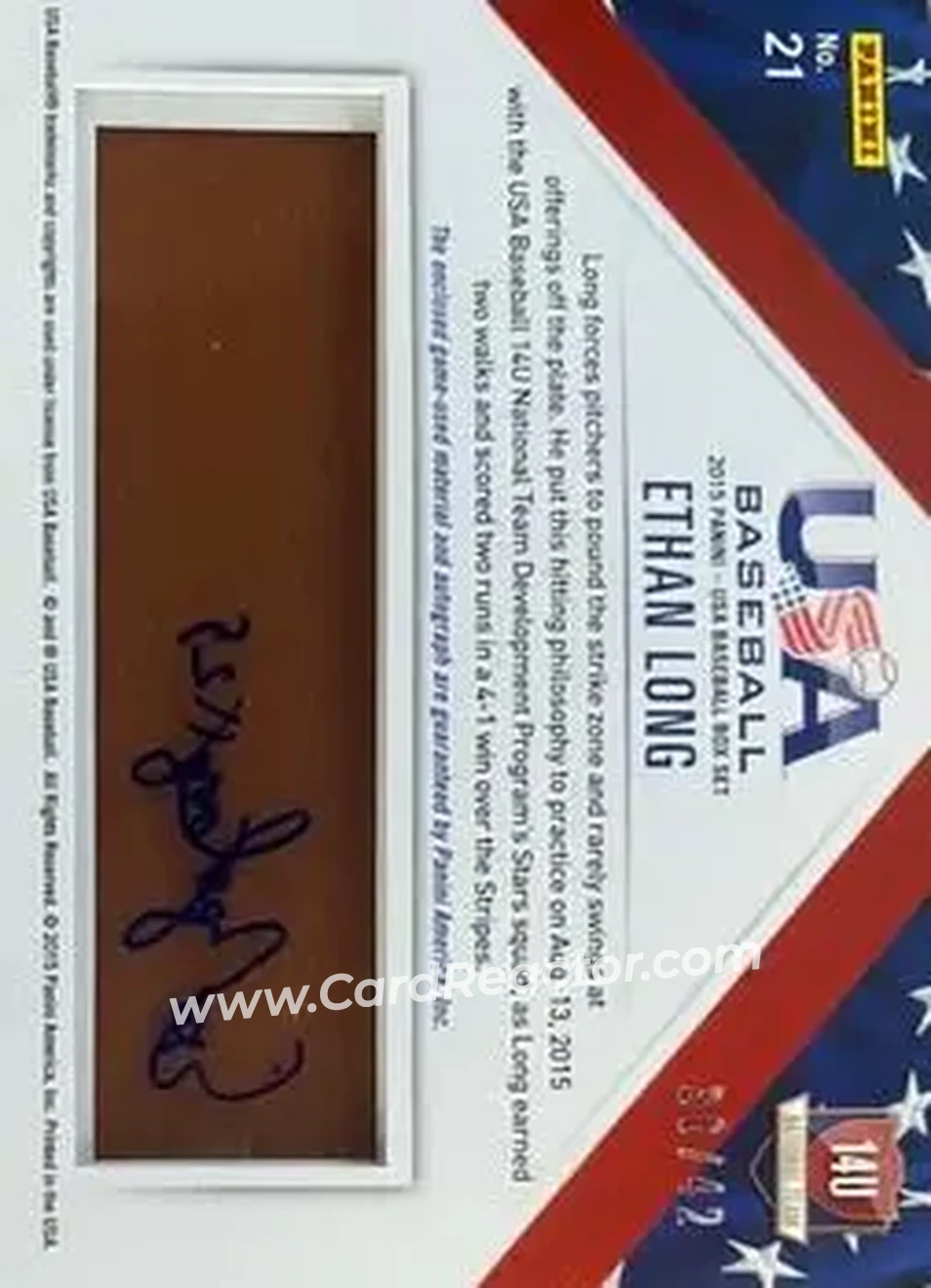 2015 Panini USA Baseball - 14U National Team Jerseys Prime Signatures #21 - Ethan Long - USA - Back 2015 Panini USA Baseball - 14U National Team Jerseys Prime Signatures #21 - Ethan Long - USA - Back