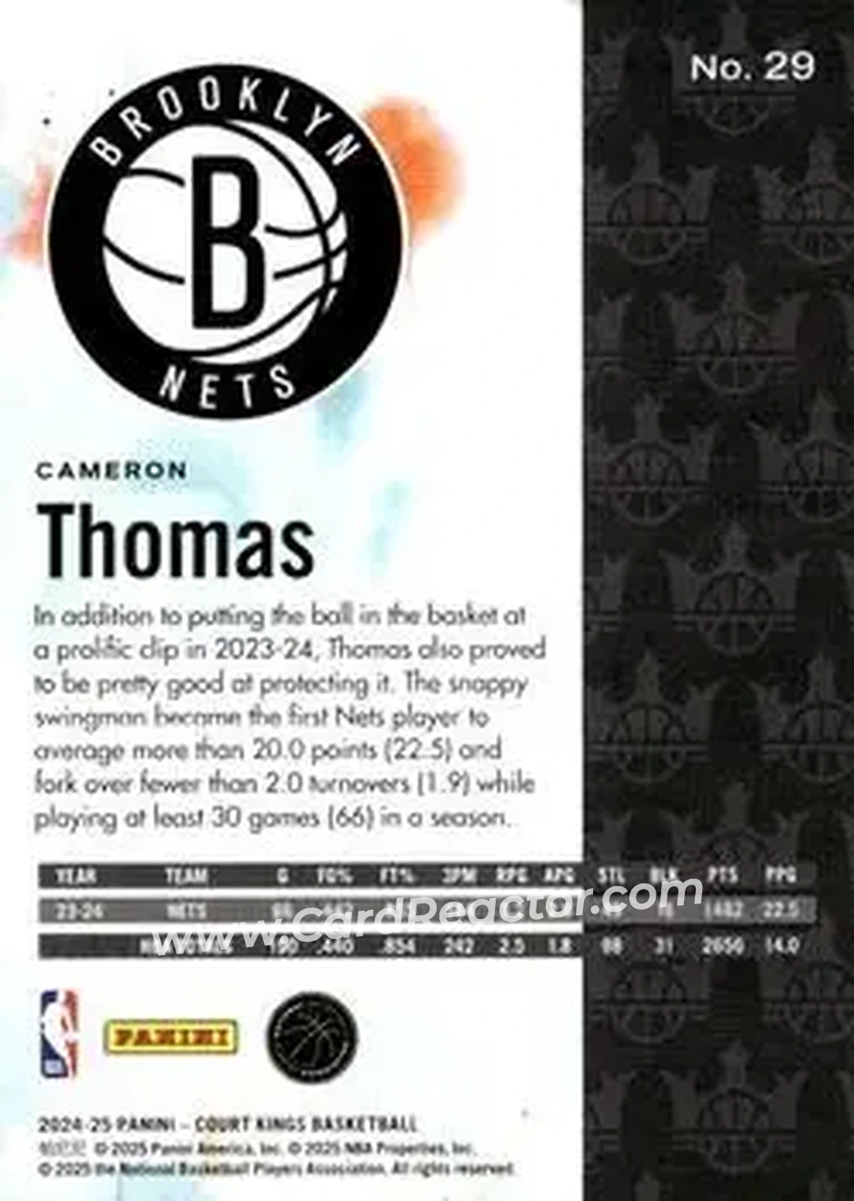 2024-25 Panini Court Kings #29 - Cam Thomas - Brooklyn Nets - Back 2024-25 Panini Court Kings #29 - Cam Thomas - Brooklyn Nets - Back