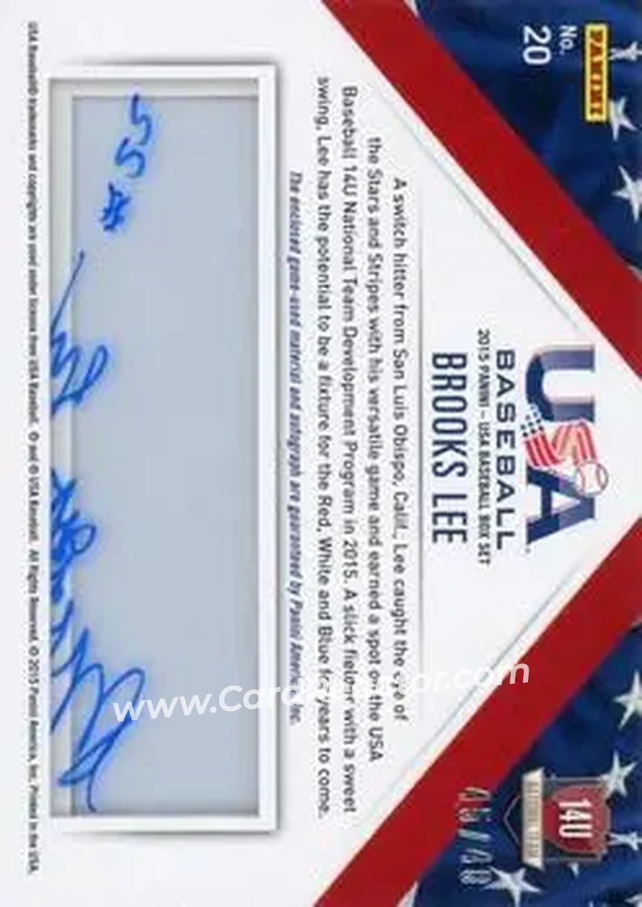 2015 Panini USA Baseball - 14U National Team Jerseys Signatures #20 - Brooks Lee - USA - Back 2015 Panini USA Baseball - 14U National Team Jerseys Signatures #20 - Brooks Lee - USA - Back