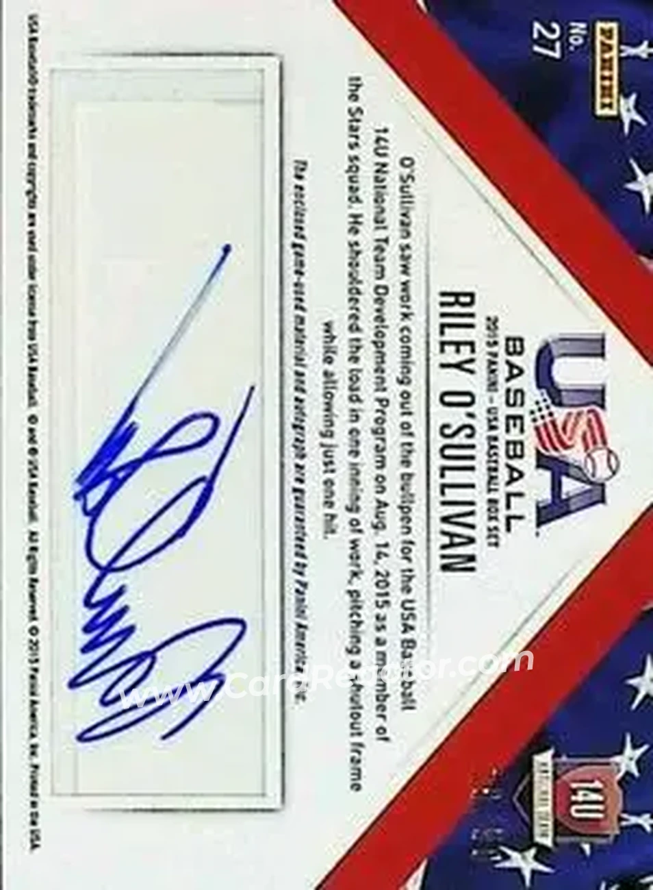 2015 Panini USA Baseball - 14U National Team Jerseys Signatures #27 - Riley O'Sullivan - USA - Back 2015 Panini USA Baseball - 14U National Team Jerseys Signatures #27 - Riley O'Sullivan - USA - Back