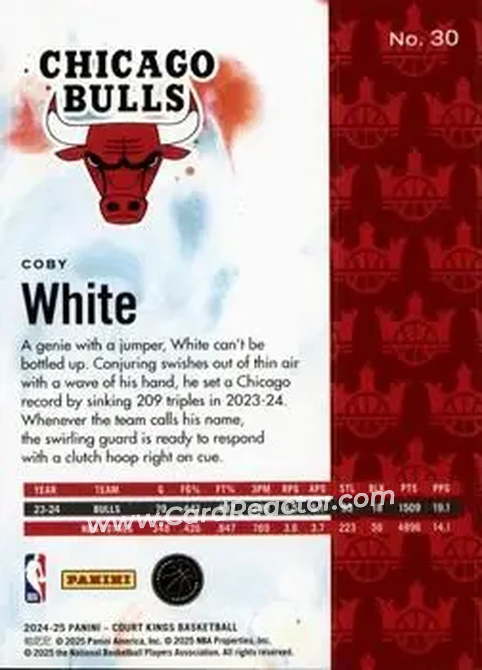 2024-25 Panini Court Kings #30 - Coby White - Chicago Bulls - Back 2024-25 Panini Court Kings #30 - Coby White - Chicago Bulls - Back