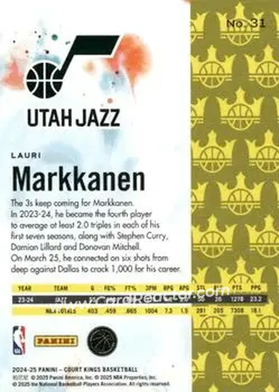 2024-25 Panini Court Kings #31 - Lauri Markkanen - Utah Jazz - Back