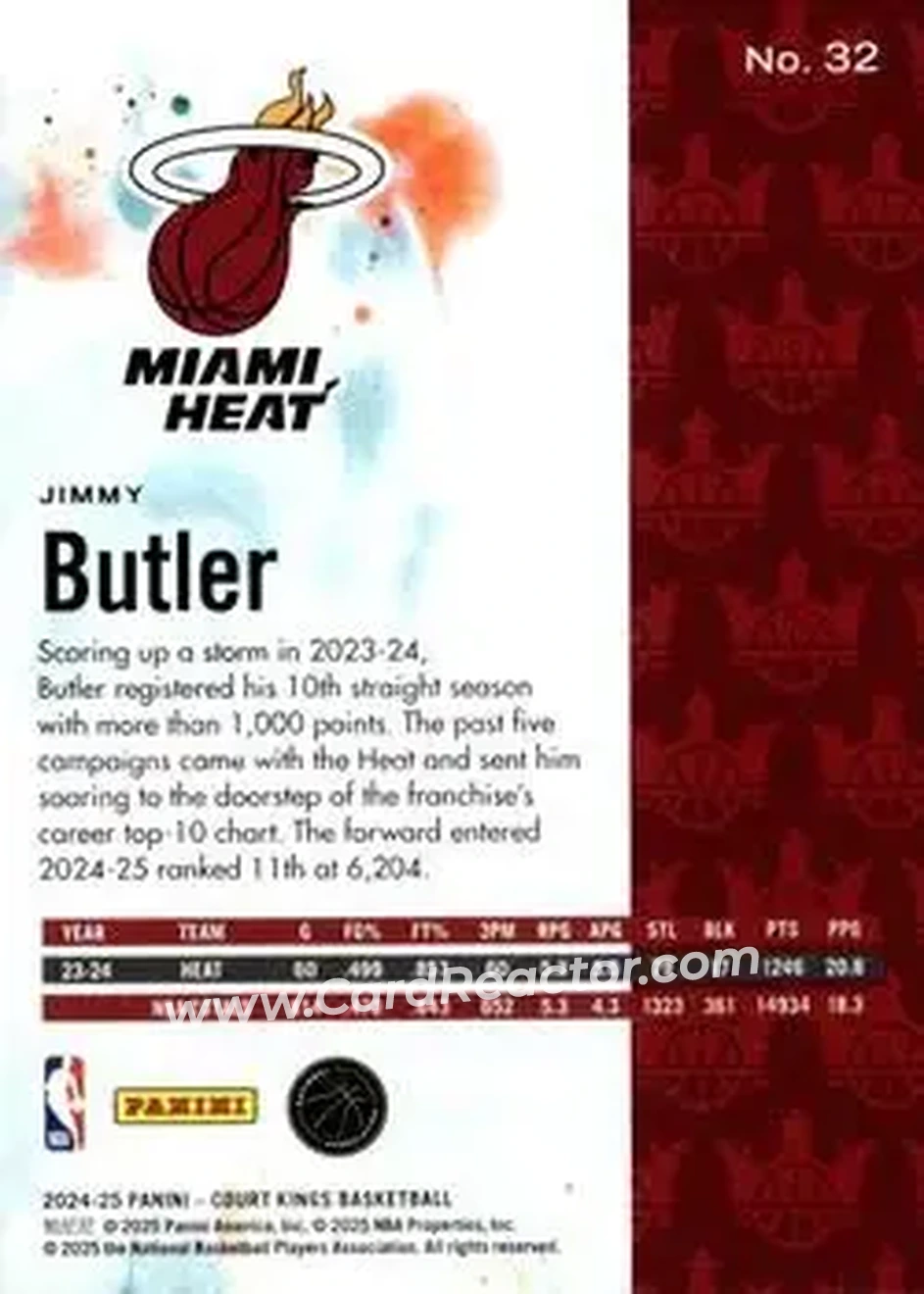 2024-25 Panini Court Kings #32 - Jimmy Butler - Miami Heat - Back 2024-25 Panini Court Kings #32 - Jimmy Butler - Miami Heat - Back