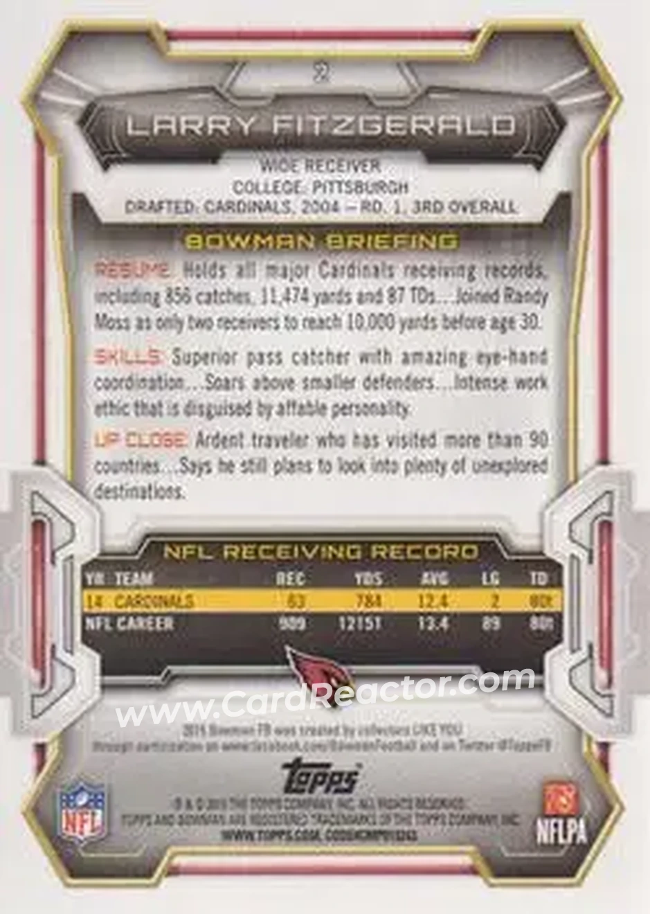 2015 Bowman #2 - Larry Fitzgerald - Arizona Cardinals - Back