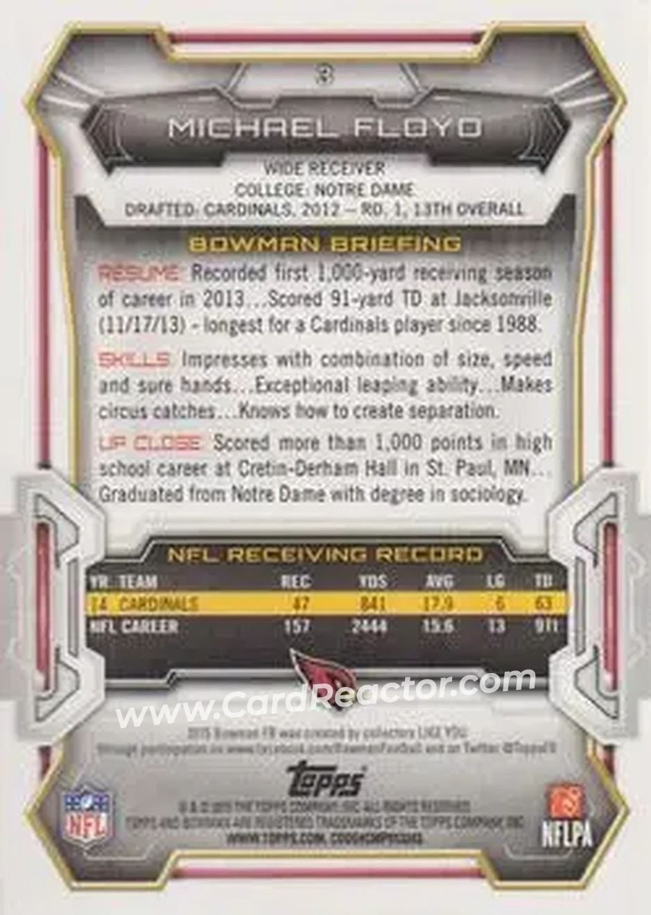 2015 Bowman #3 - Michael Floyd - Arizona Cardinals - Back