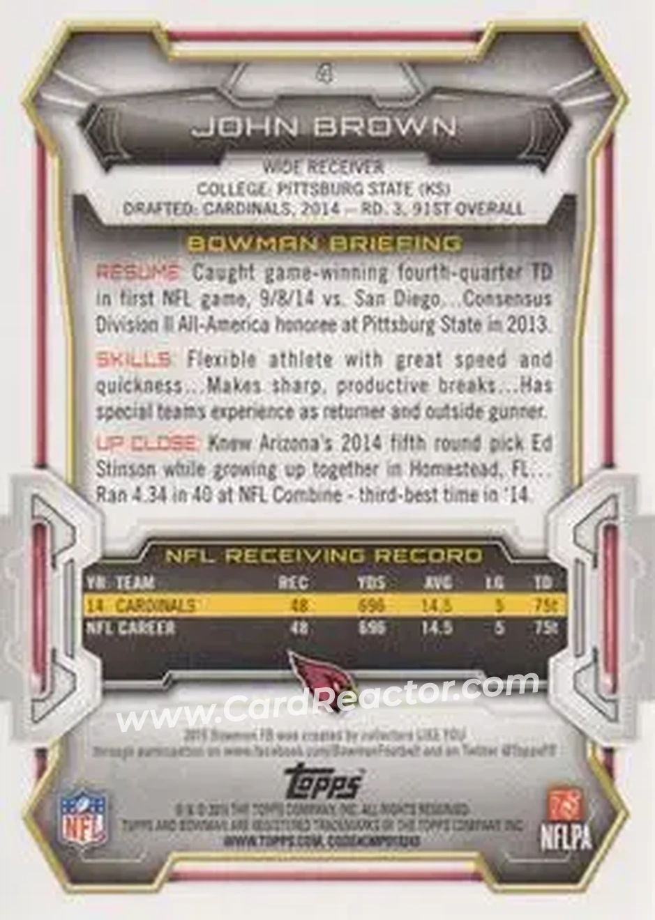 2015 Bowman #4 - John Brown - Arizona Cardinals - Back