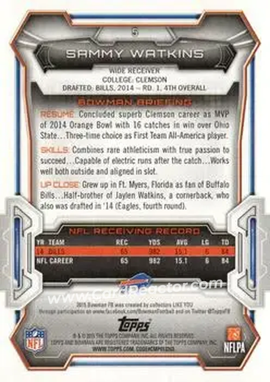 2015 Bowman #5 - Sammy Watkins - Buffalo Bills - Back