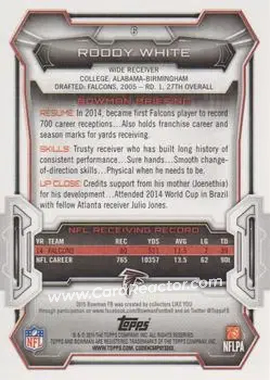 2015 Bowman #6 - Roddy White - Atlanta Falcons - Back