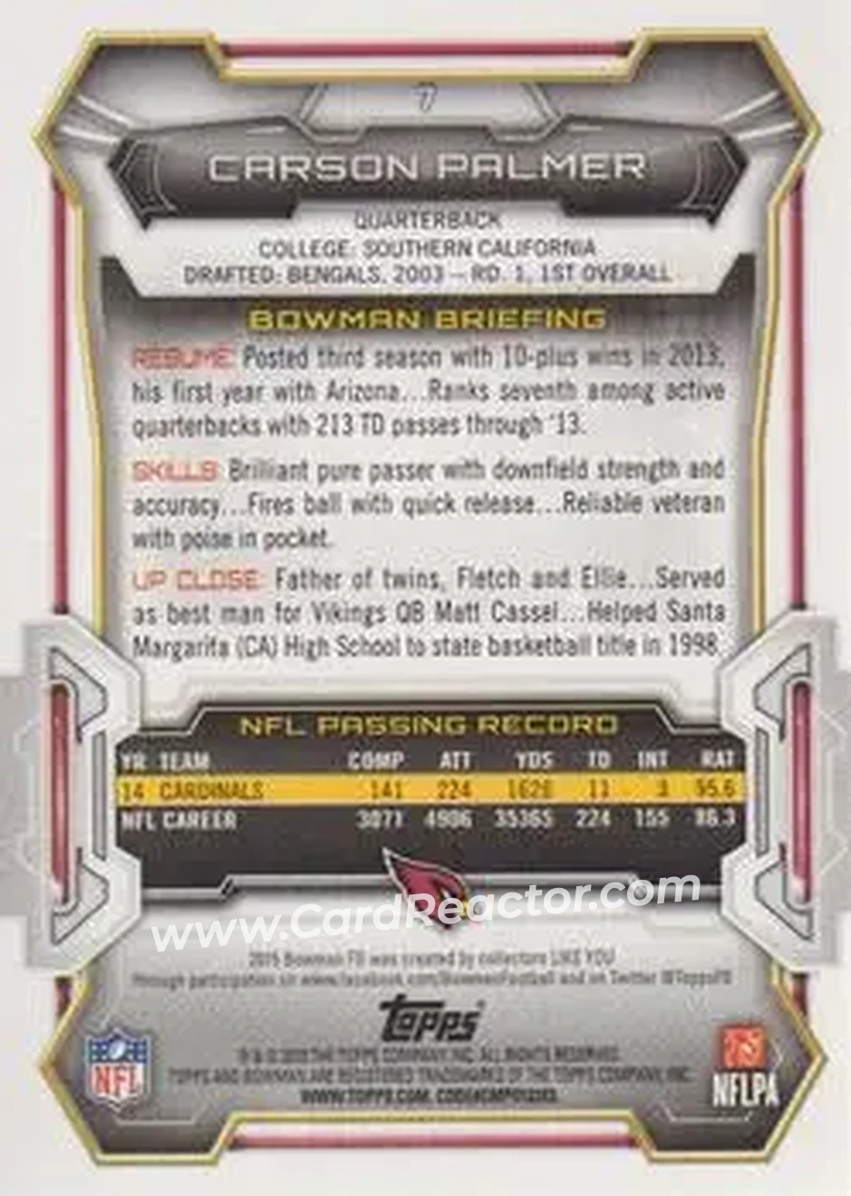 2015 Bowman #7 - Carson Palmer - Arizona Cardinals - Back
