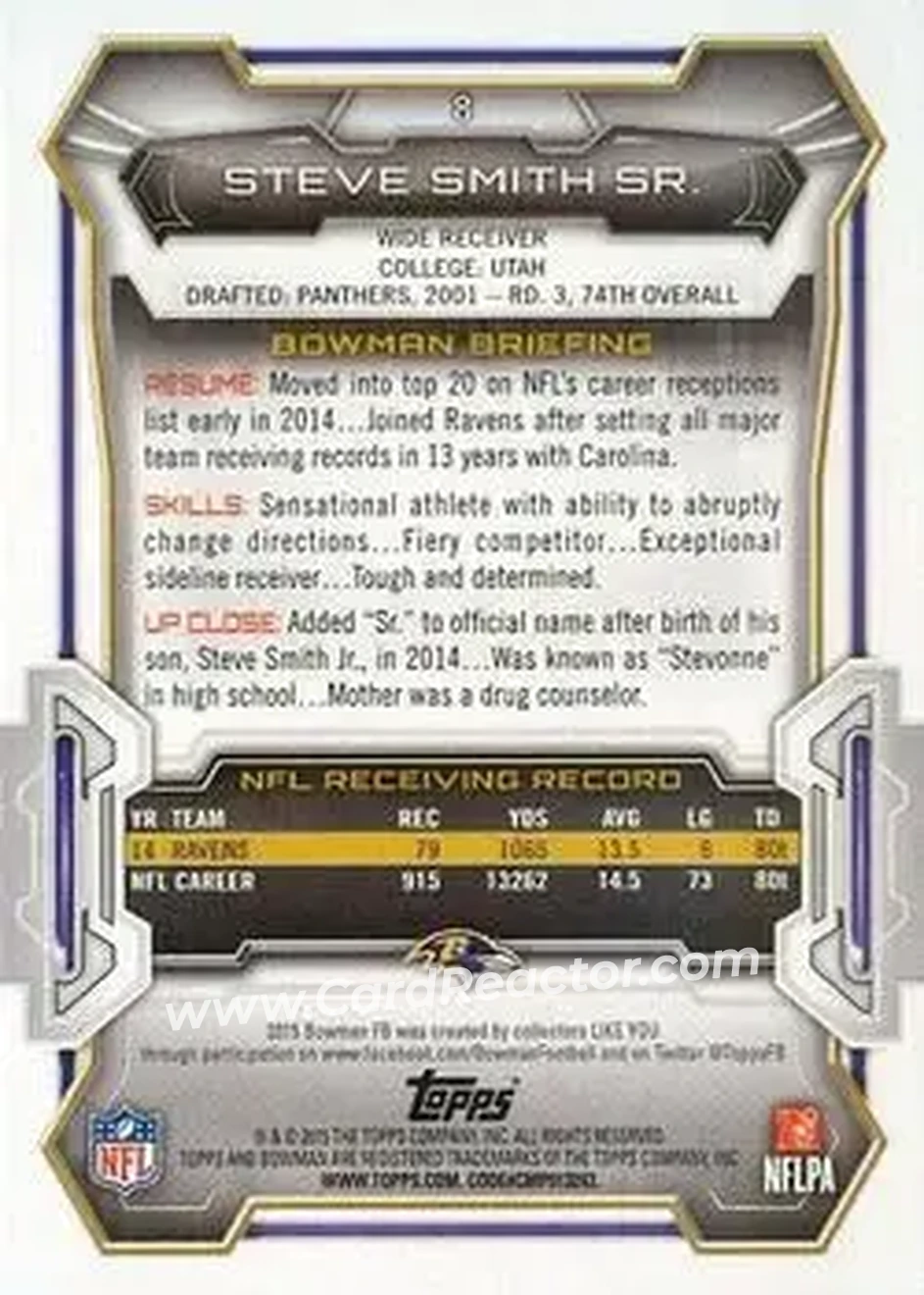 2015 Bowman #8 - Steve Smith Sr. - Baltimore Ravens - Back