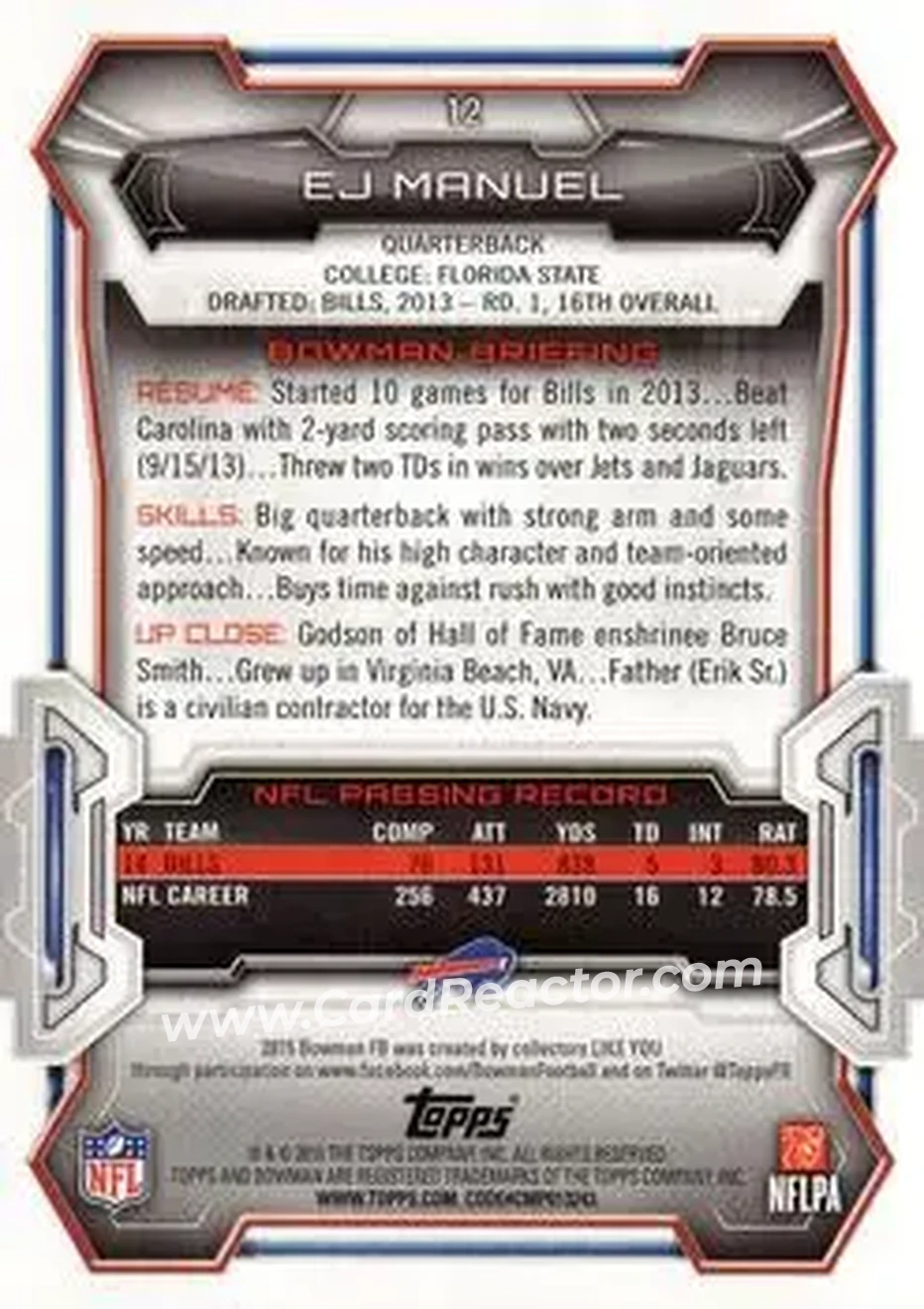 2015 Bowman #12 - EJ Manuel - Buffalo Bills - Back