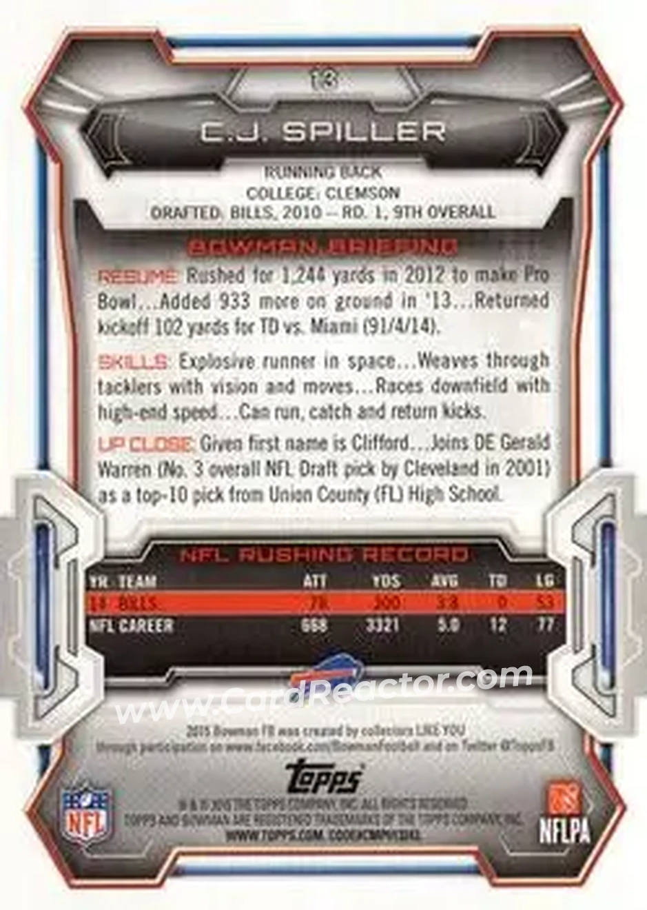 2015 Bowman #13 - C.J. Spiller - Buffalo Bills - Back