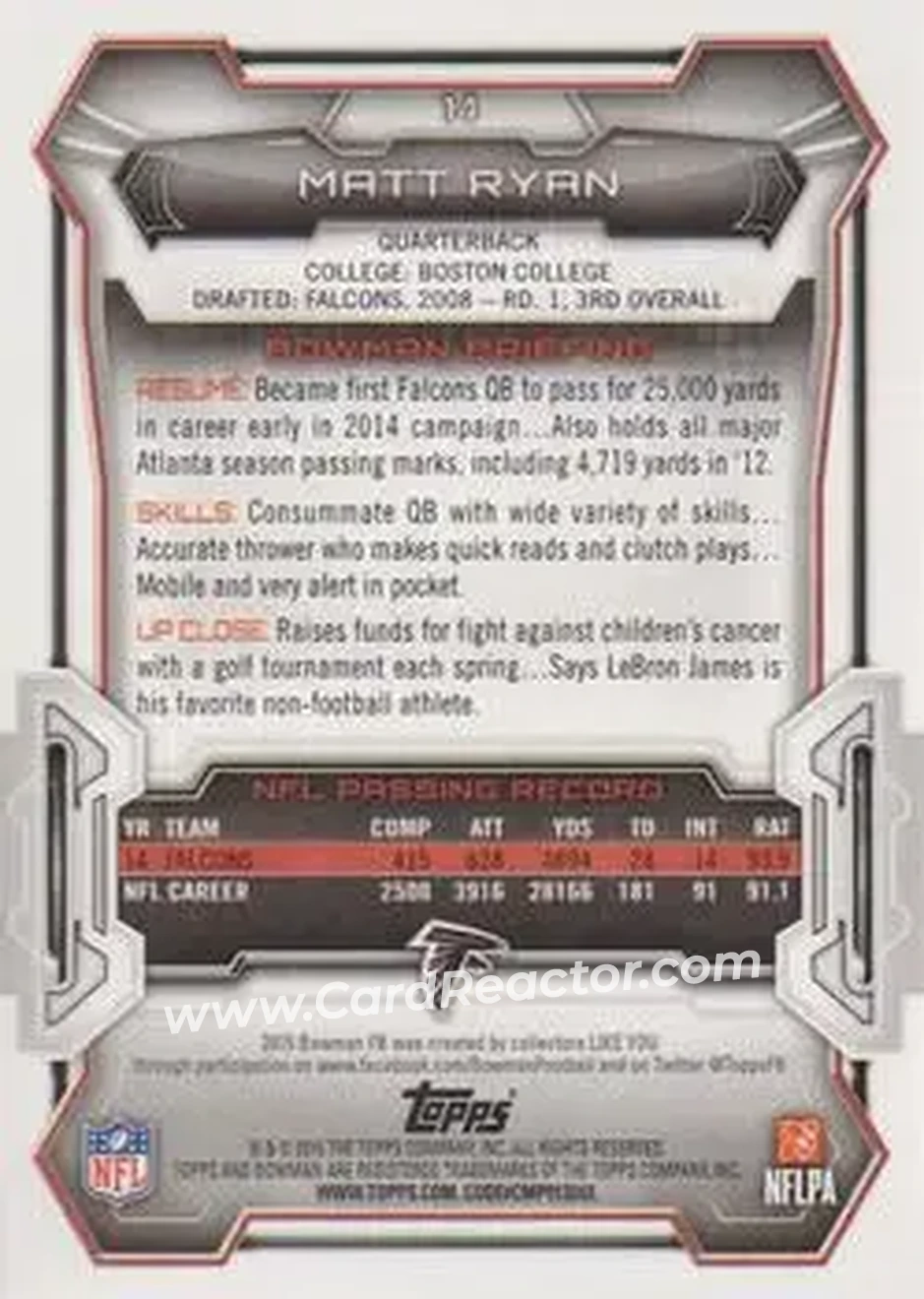 2015 Bowman #14 - Matt Ryan - Atlanta Falcons - Back