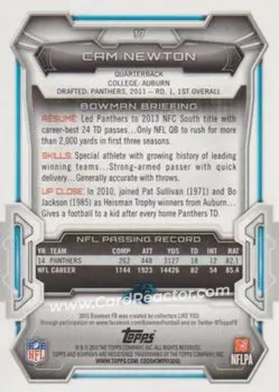 2015 Bowman #17 - Cam Newton - Carolina Panthers - Back