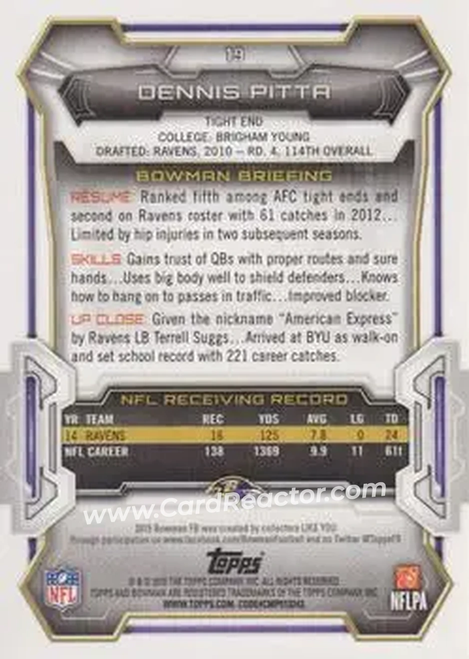 2015 Bowman #19 - Dennis Pitta - Baltimore Ravens - Back