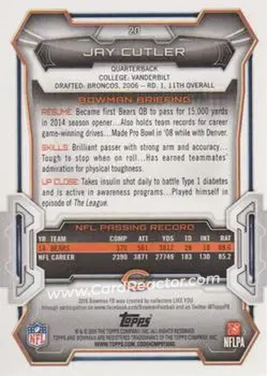 2015 Bowman #20 - Jay Cutler - Chicago Bears - Back