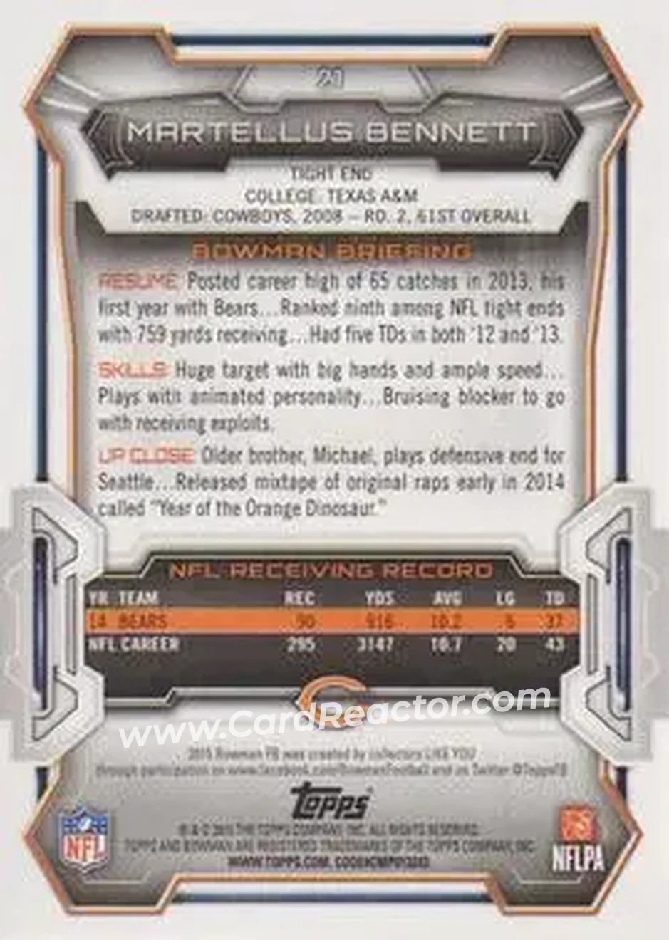 2015 Bowman #21 - Martellus Bennett - Chicago Bears - Back