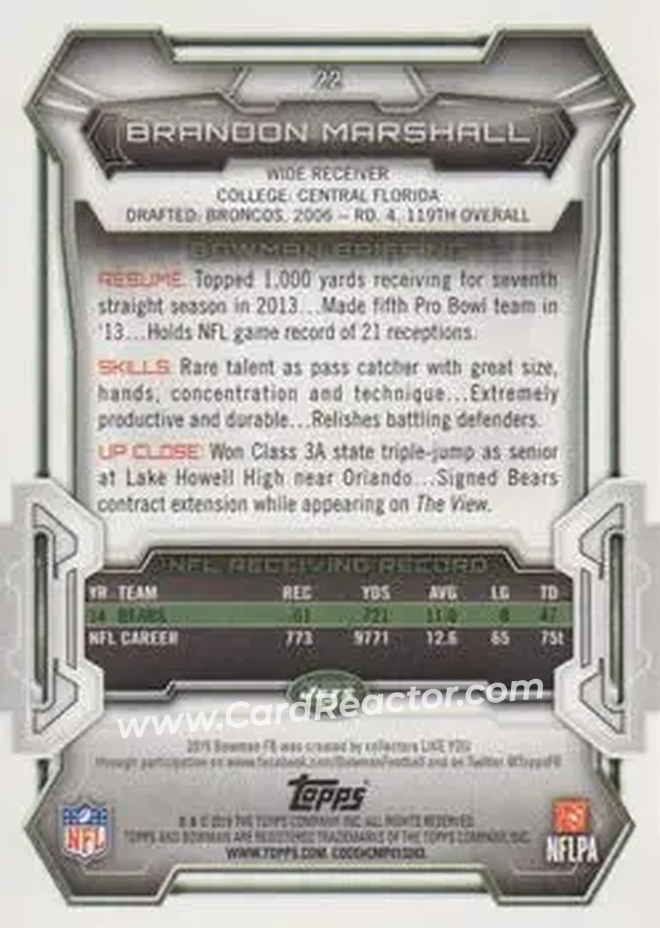 2015 Bowman #22 - Brandon Marshall - New York Jets - Back