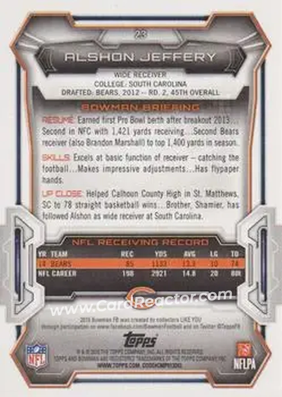 2015 Bowman #23 - Alshon Jeffery - Chicago Bears - Back