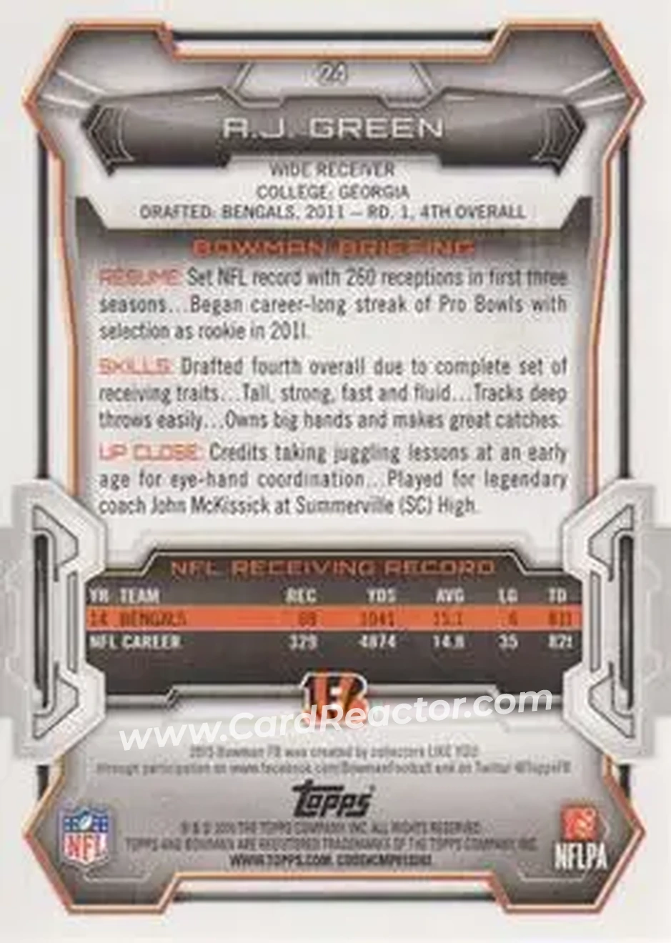 2015 Bowman #24 - A.J. Green - Cincinnati Bengals - Back
