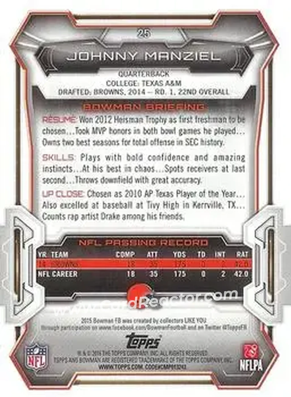 2015 Bowman #25 - Johnny Manziel - Cleveland Browns - Back