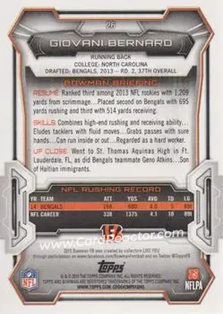 2015 Bowman #26 - Giovani Bernard - Cincinnati Bengals - Back