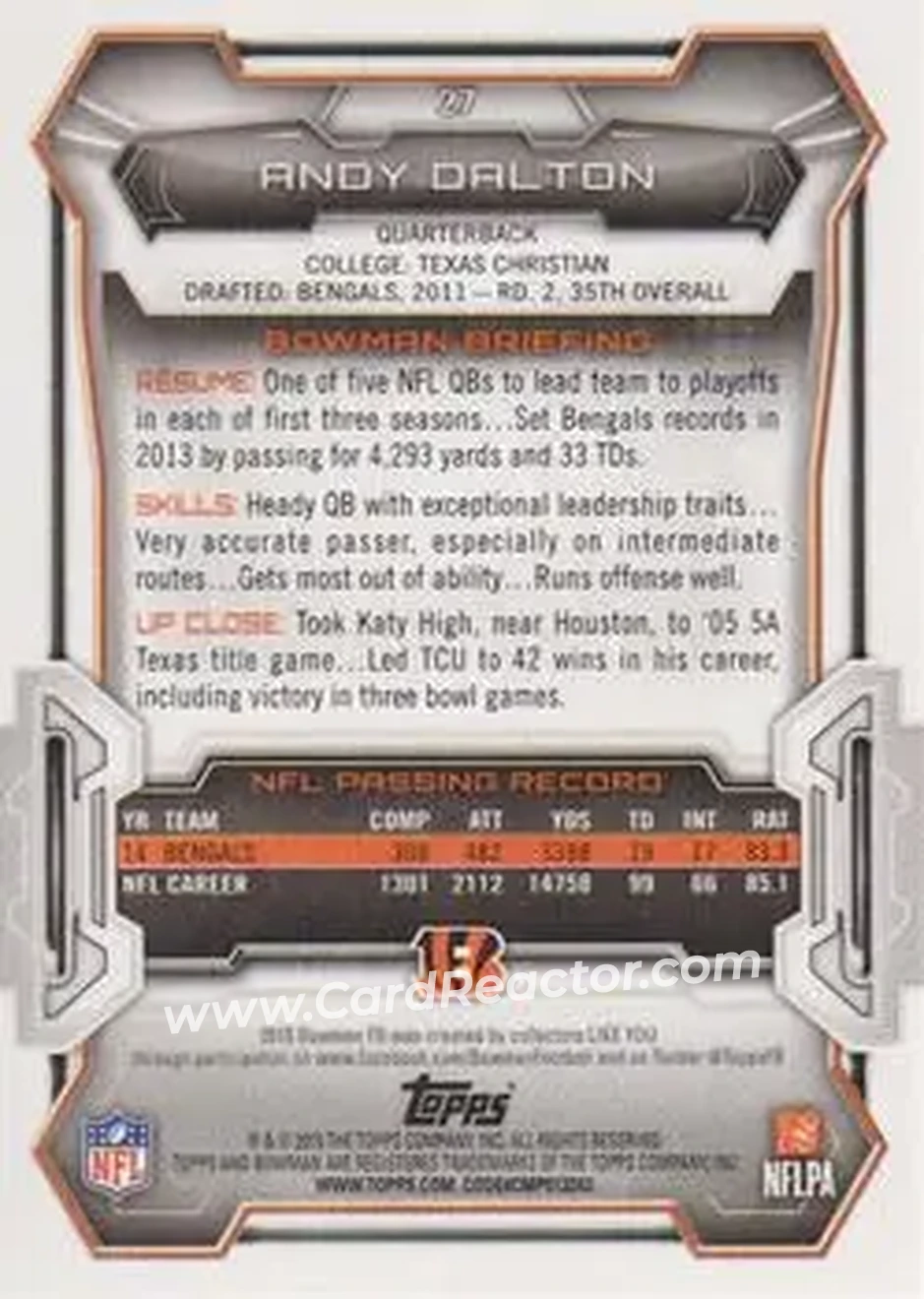 2015 Bowman #27 - Andy Dalton - Cincinnati Bengals - Back
