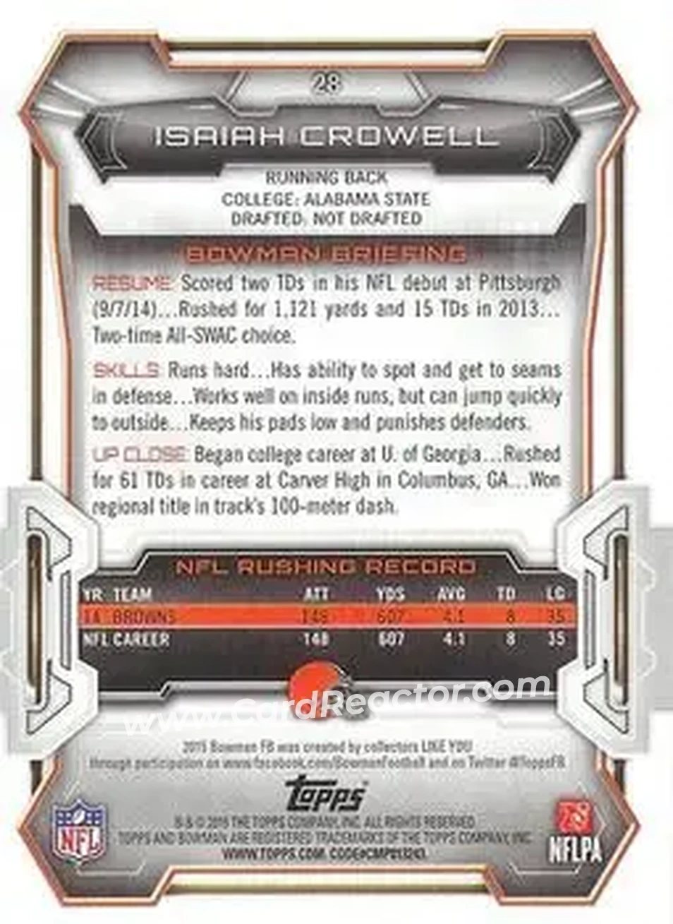2015 Bowman #28 - Isaiah Crowell - Cleveland Browns - Back