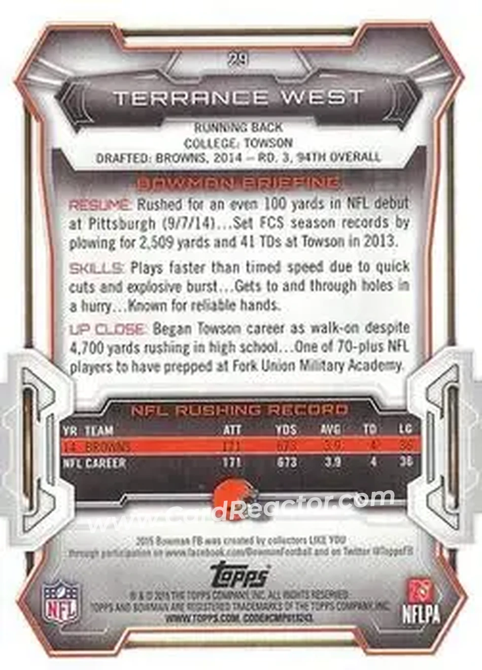 2015 Bowman #29 - Terrance West - Cleveland Browns - Back