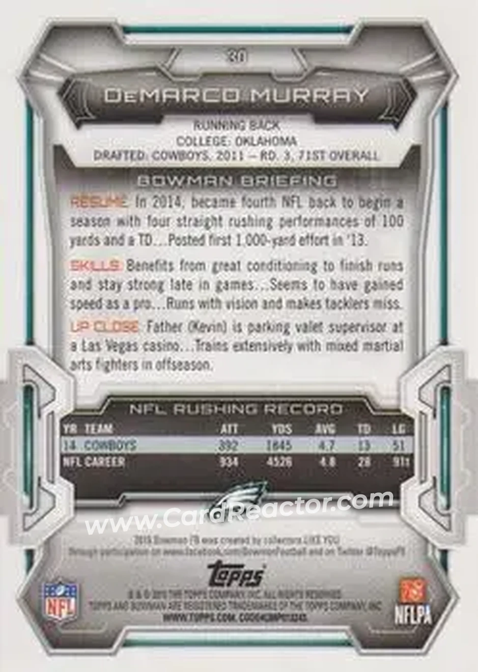 2015 Bowman #30 - DeMarco Murray - Philadelphia Eagles - Back