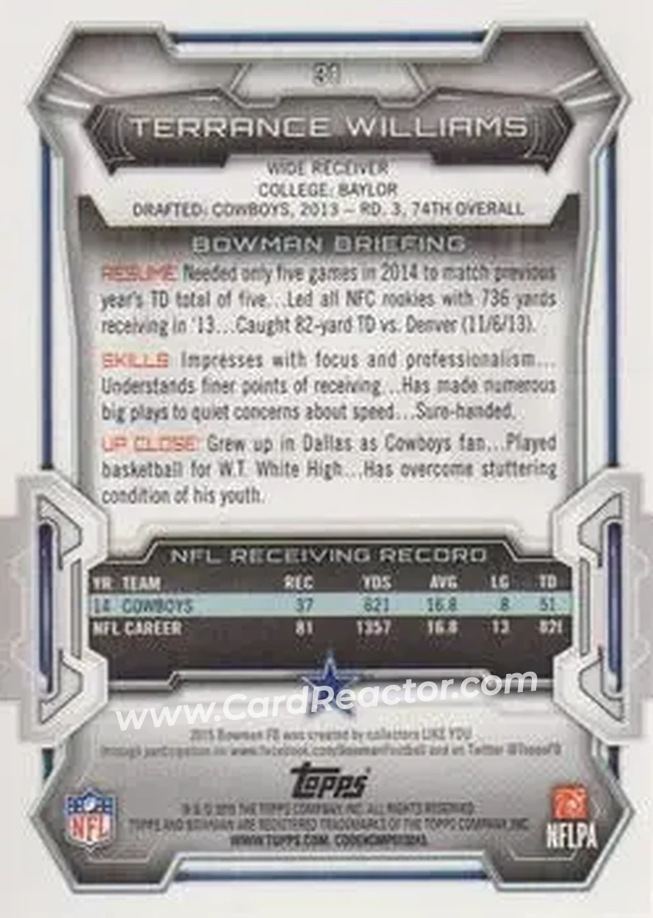 2015 Bowman #31 - Terrance Williams - Dallas Cowboys - Back