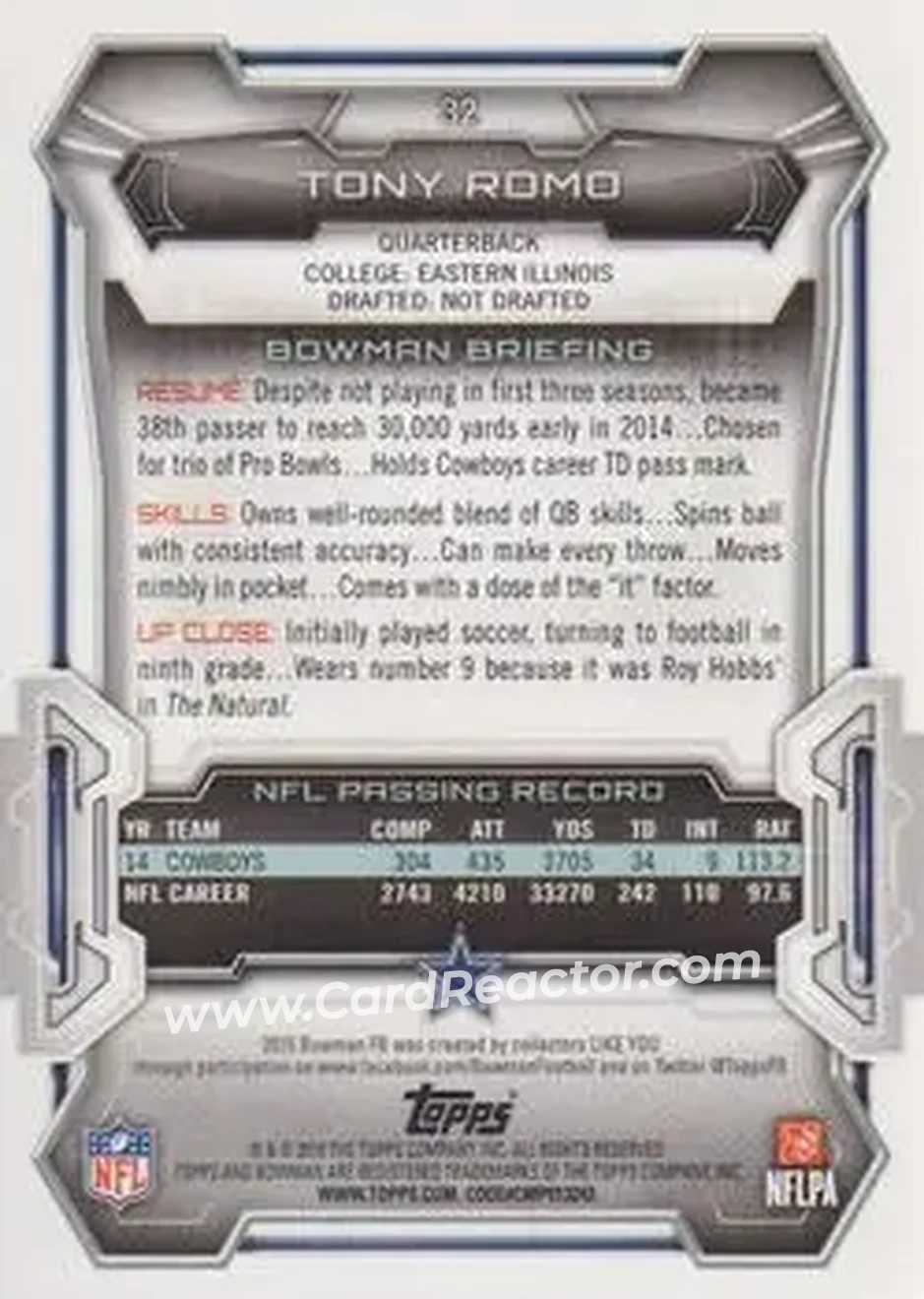 2015 Bowman #32 - Tony Romo - Dallas Cowboys - Back