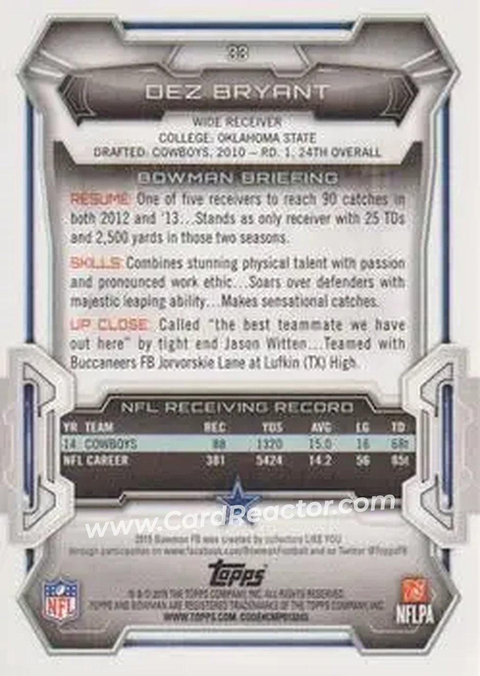 2015 Bowman #33 - Dez Bryant - Dallas Cowboys - Back