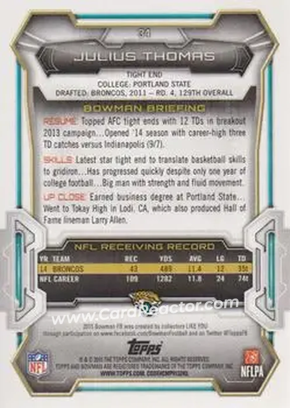 2015 Bowman #34 - Julius Thomas - Jacksonville Jaguars - Back
