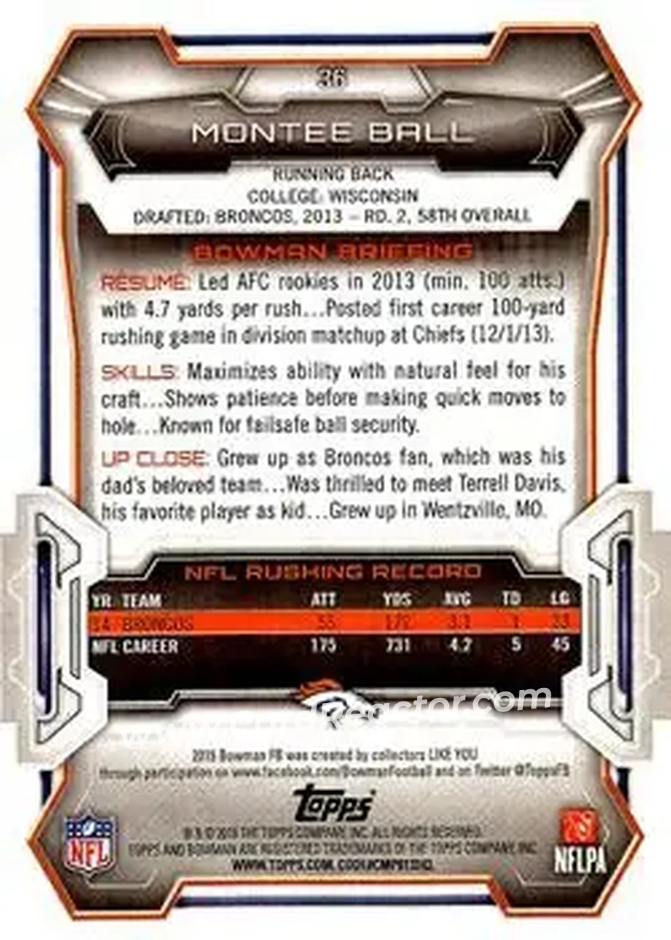 2015 Bowman #36 - Montee Ball - Denver Broncos - Back