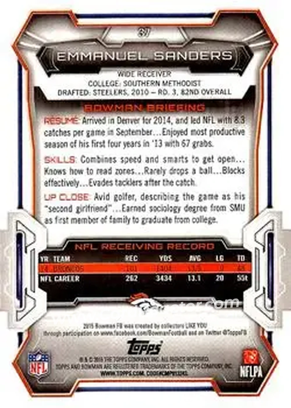2015 Bowman #37 - Emmanuel Sanders - Denver Broncos - Back
