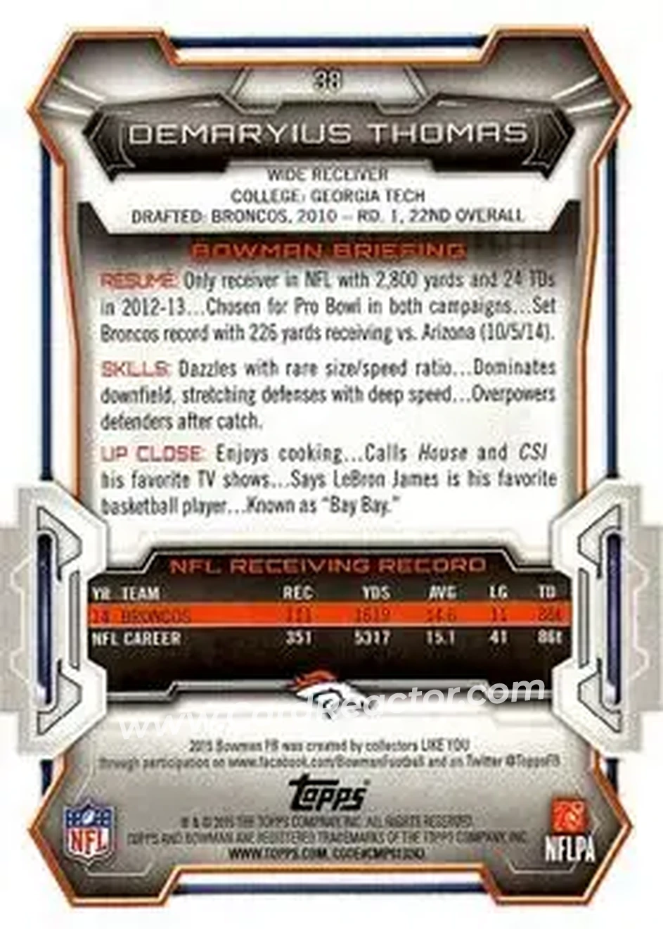 2015 Bowman #38 - Demaryius Thomas - Denver Broncos - Back