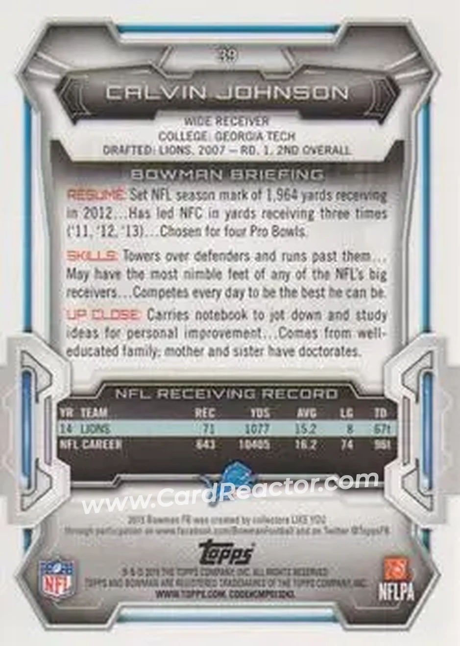 2015 Bowman #39 - Calvin Johnson - Detroit Lions - Back