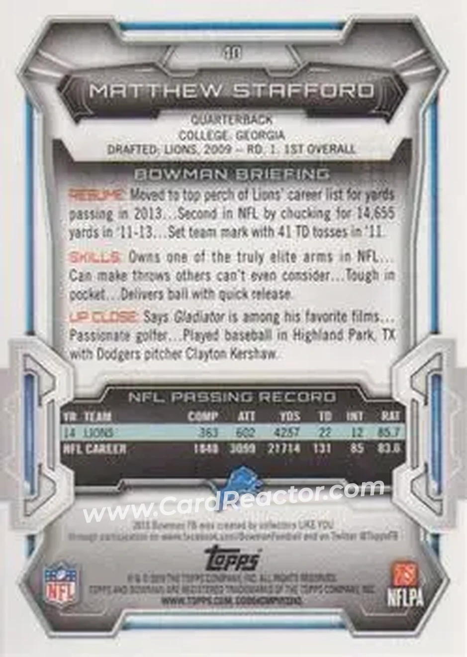 2015 Bowman #40 - Matthew Stafford - Detroit Lions - Back 2015 Bowman #40 - Matthew Stafford - Detroit Lions - Back