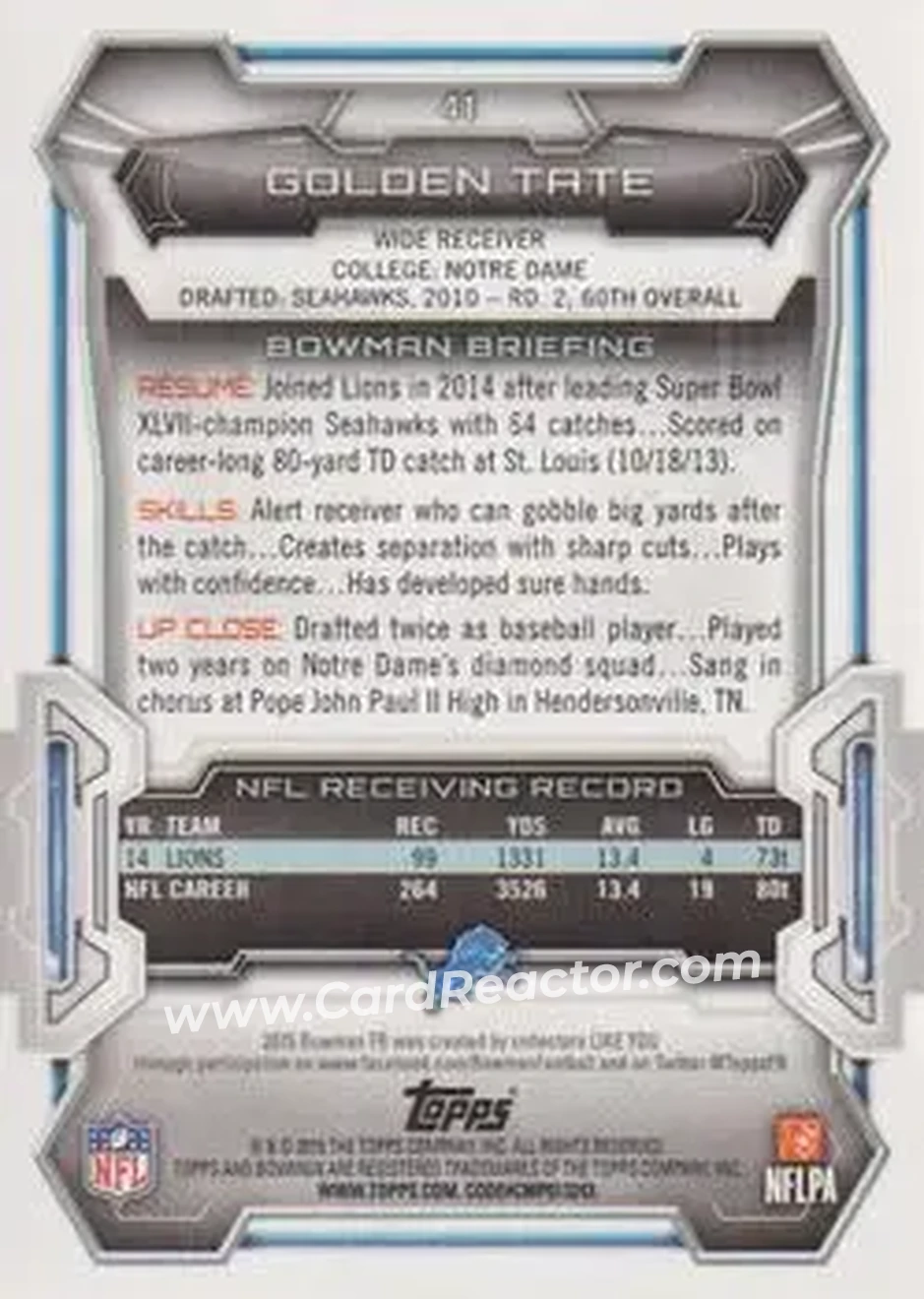 2015 Bowman #41 - Golden Tate III - Detroit Lions - Back