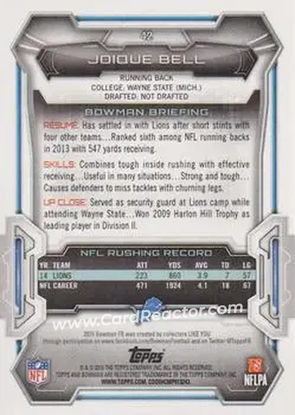 2015 Bowman #42 - Joique Bell - Detroit Lions - Back