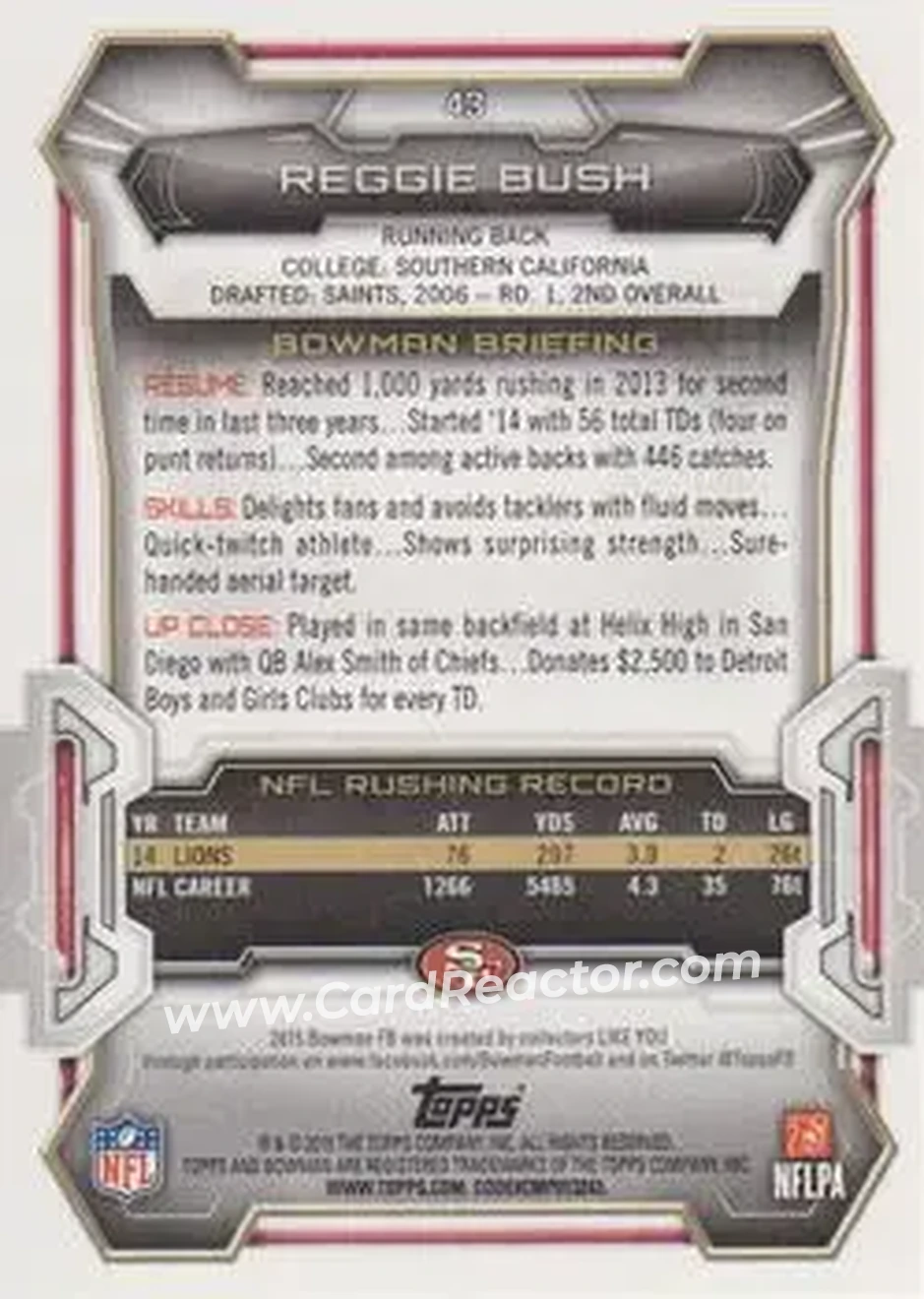 2015 Bowman #43 - Reggie Bush - San Francisco 49ers - Back