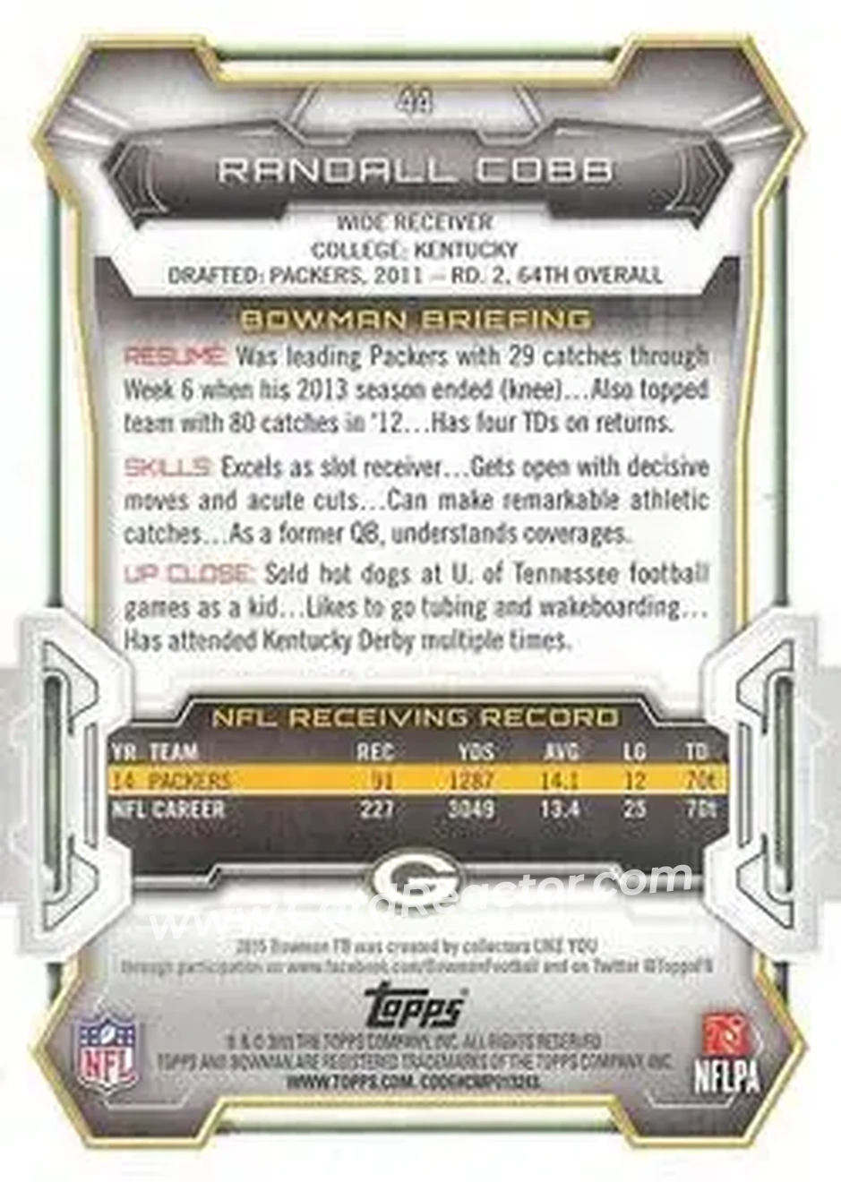 2015 Bowman #44 - Randall Cobb - Green Bay Packers - Back