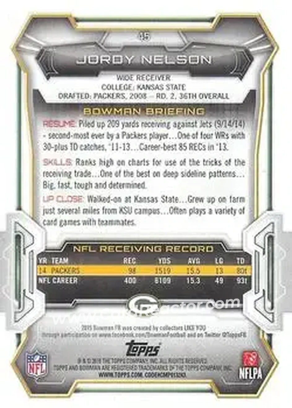 2015 Bowman #45 - Jordy Nelson - Green Bay Packers - Back